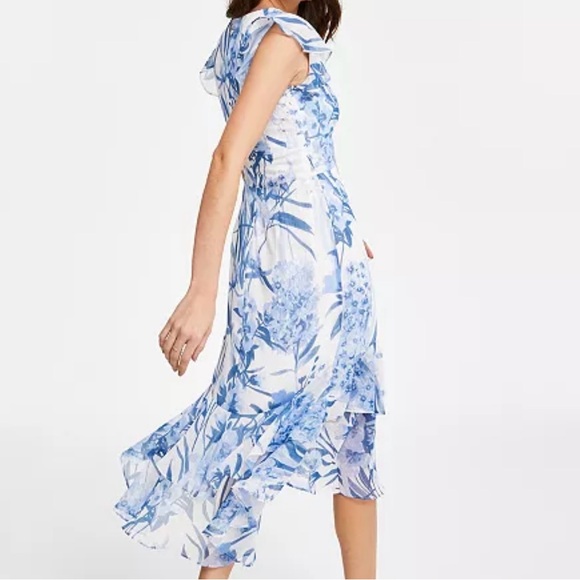 🆕 Tommy Hilfiger Blue Floral Asymmetrical Ruffle Midi Dress – Size 12 - Picture 3 of 15